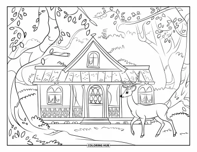 Landhaus-Ausmalbild für Kinder: Ein gemütliches Wald-Landhaus mit Bogenfenstern, überdachter Veranda und üppigen Bäumen ringsum