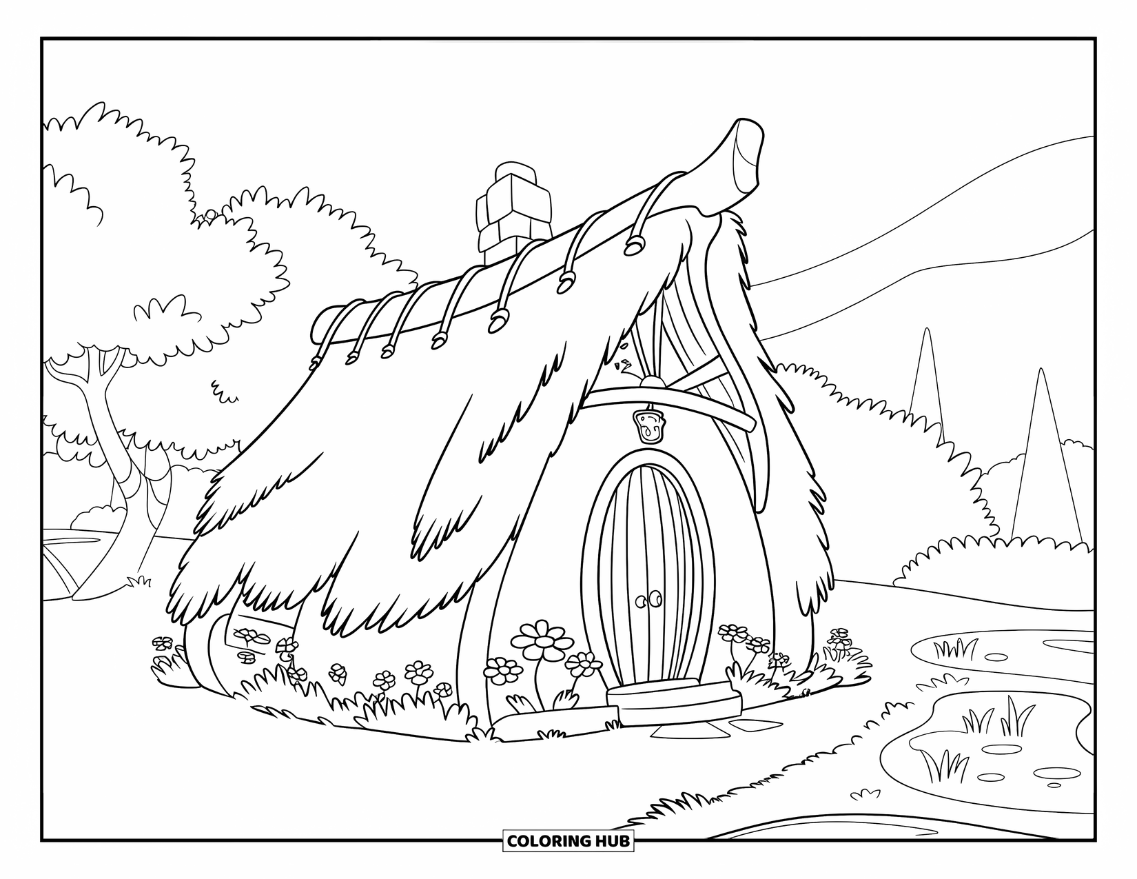 Cottage Coloring Page for Kids: A cozy forest hut with a chimney, surrounded by trees, flowers, and a quiet pond