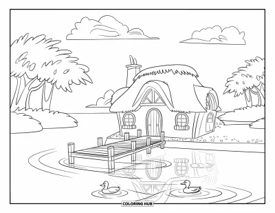 Landhaus-Ausmalbild für Kinder: Ein gemütliches Landhaus am See mit Holzsteg, Enten und ruhiger Bergkulisse