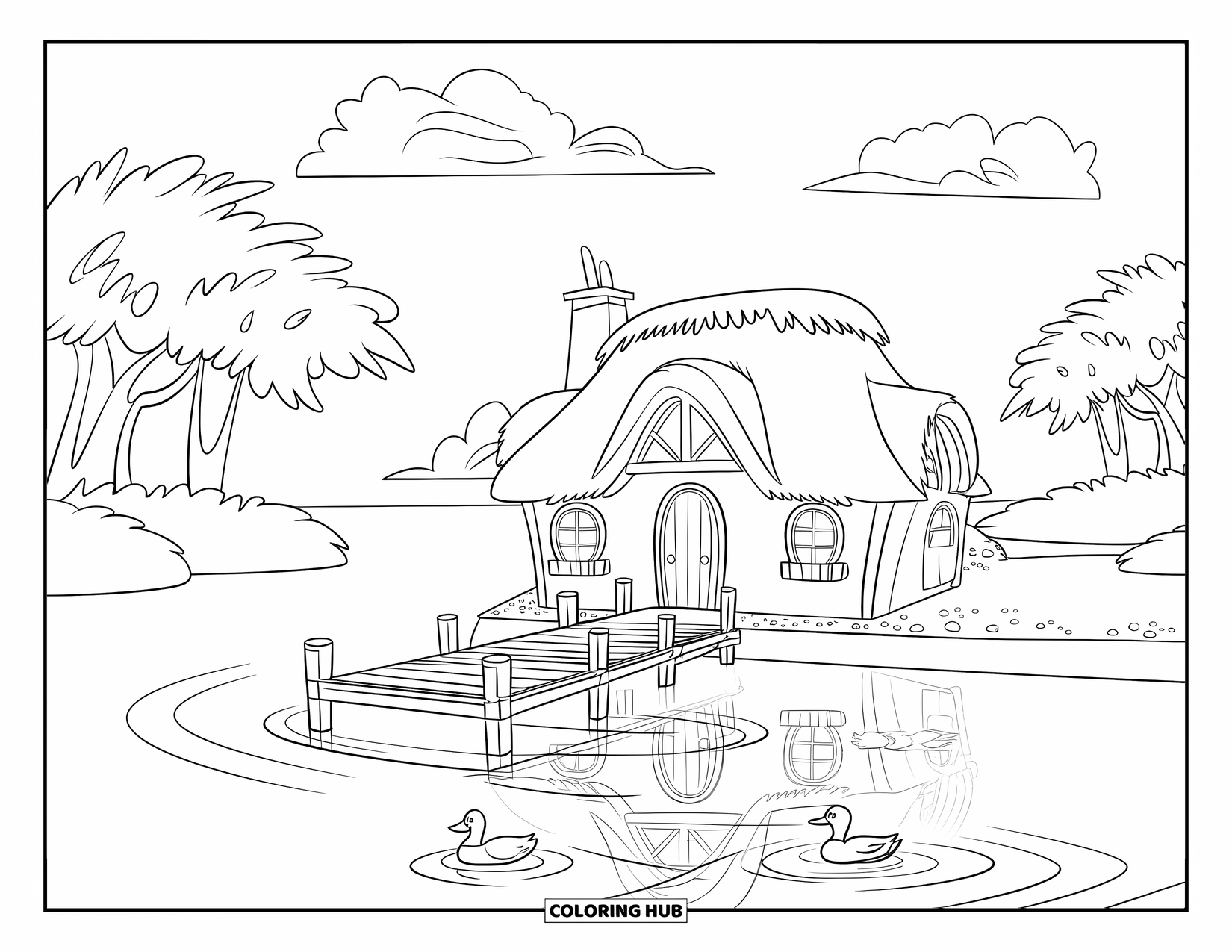 Cottage Coloring Page for Kids: A cozy lakeside cottage with a wooden dock, ducks, and a serene mountain backdrop