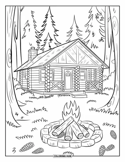 Landhaus-Ausmalbild für Kinder: Eine gemütliche Blockhütte mit rauchendem Schornstein, Tannenzapfen auf dem Boden und flackerndem Feuer