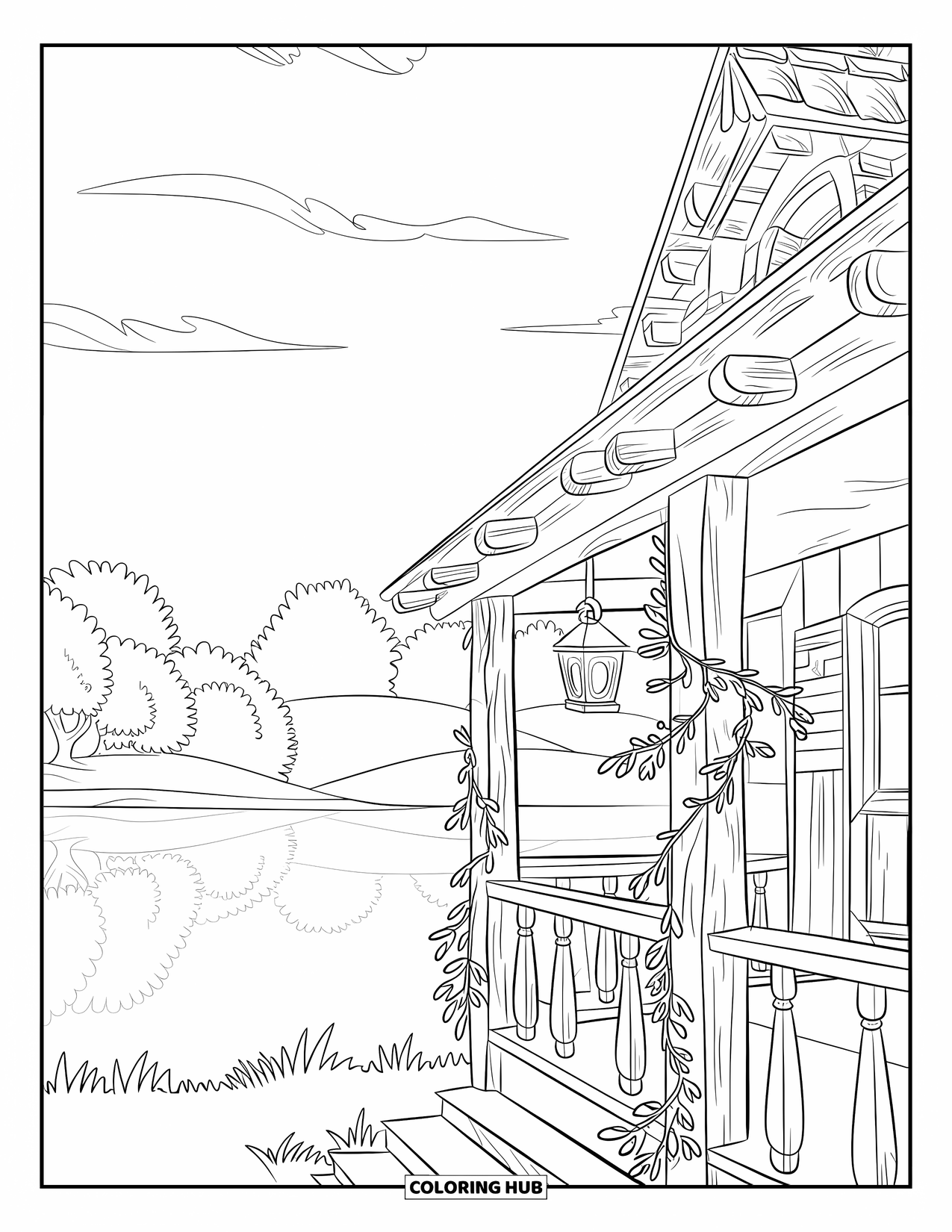 Cottage Coloring Page for Kids: A cozy rustic cottage with a vine-covered porch, a nearby lake, and lush green trees