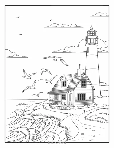 Landhaus-Ausmalbild für Kinder: Ein gemütliches Landhaus am Meer mit Leuchtturm, Meereswellen und einem gewundenen Weg dorthin
