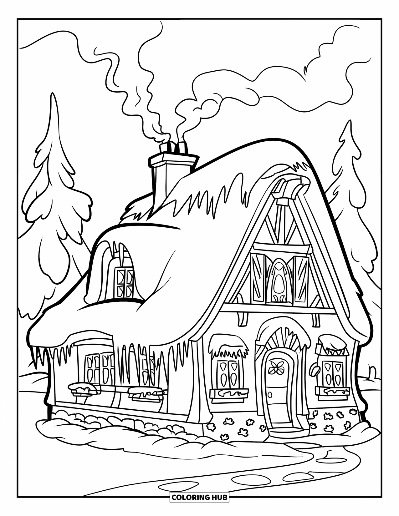 Cottage Coloring Page for Kids: A cozy winter cottage with a snow-covered roof, chimney smoke, and frosty trees nearby