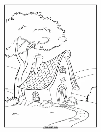 Landhaus-Ausmalbild für Kinder: Ein Märchen-Landhaus mit gebogenem Dach, einem Steinweg und einem einzelnen Baum daneben