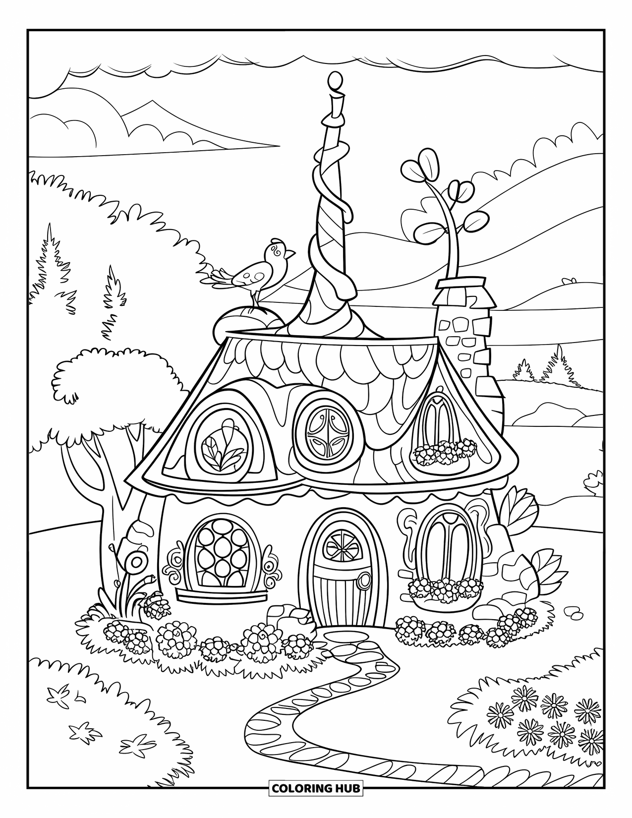 Cottage Coloring Page for Kids: A fairytale cottage with a spiraling chimney, a flower-filled garden, and a winding path
