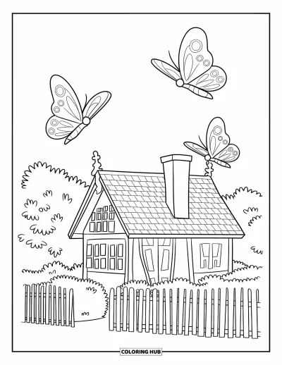 Landhaus-Ausmalbild für Kinder: Ein Garten-Landhaus mit Büschen, Holzzaun und Schmetterlingen, die darum flattern