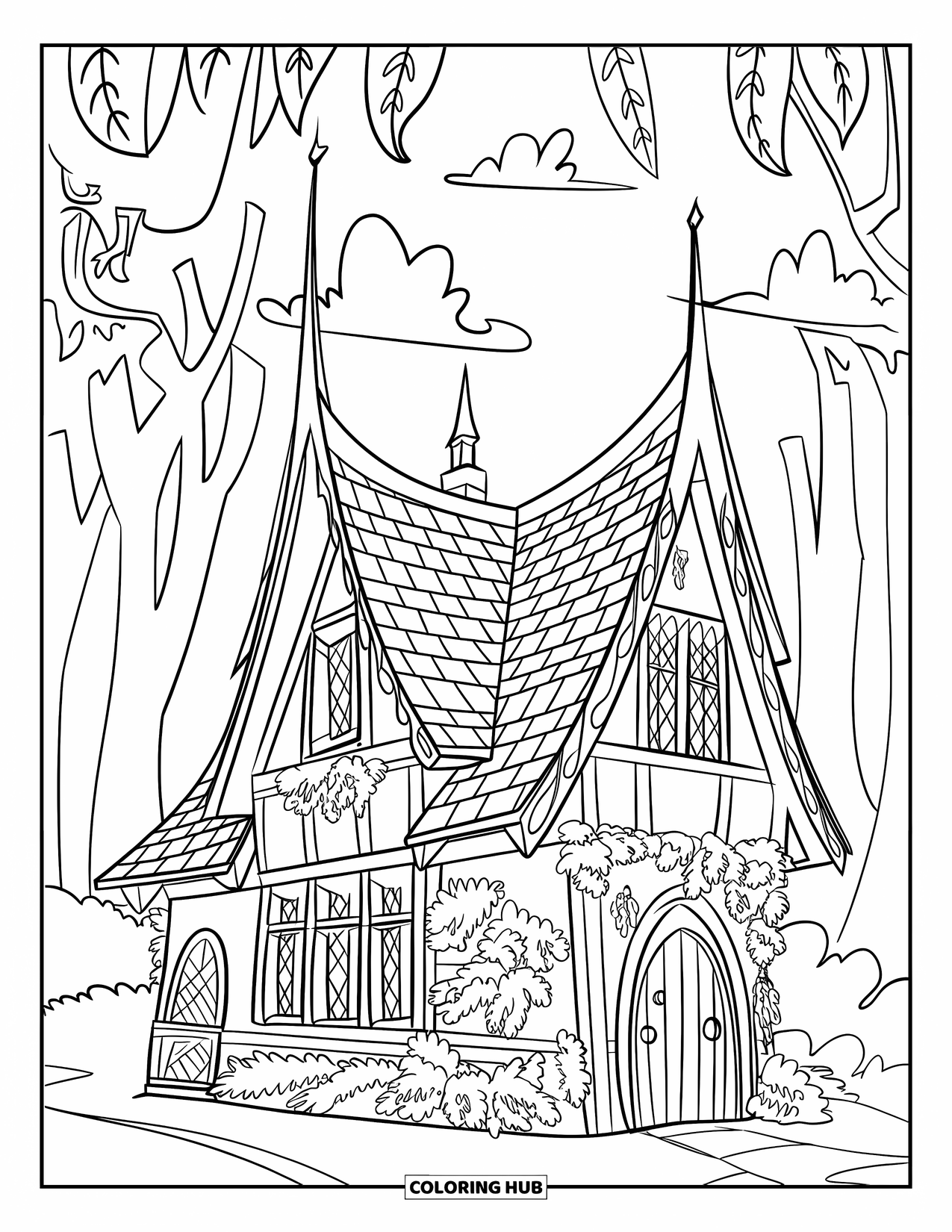 Cottage Coloring Page for Kids: A gothic-style cottage with ivy climbing its walls, set in a dark and eerie forest