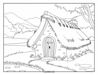 Landhaus-Ausmalbild für Kinder: Ein hüttenartiges Landhaus mit Reetdach, Holztür und einem Teich daneben