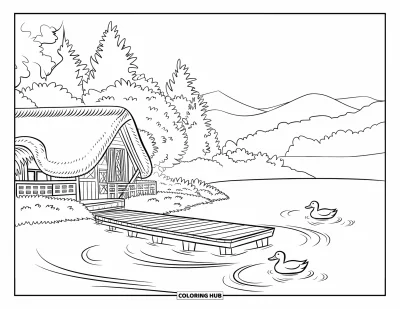 Landhaus-Ausmalbild für Kinder: Ein Landhaus am See mit Reetdach, Holzsteg und Enten, die über das Wasser gleiten