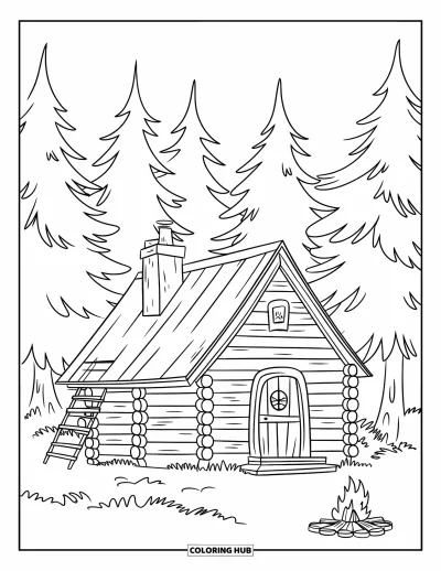 Landhaus-Ausmalbild für Kinder: Eine Blockhütte im Wald mit hohen Kiefern und einem kleinen Lagerfeuer draußen