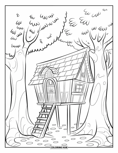 Landhaus-Ausmalbild für Kinder: Ein magisches Baumhaus-Landhaus, zwischen Bäumen versteckt, mit Strickleiter und blätterreichen Ästen