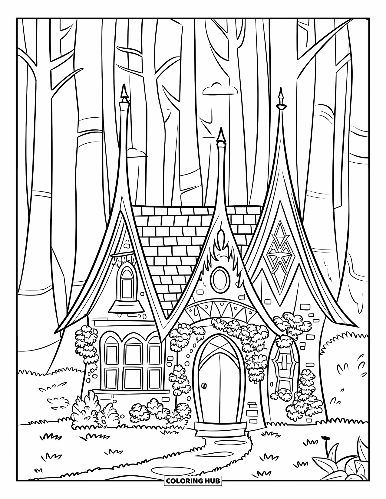 Cottage Coloring Page for Kids: A mysterious gothic cottage with pointed roofs, ivy-covered walls, and a shadowy forest