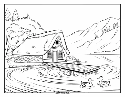 Landhaus-Ausmalbild für Kinder: Ein friedliches Landhaus am See mit Steg, stillem Wasser und viel Grün rundherum