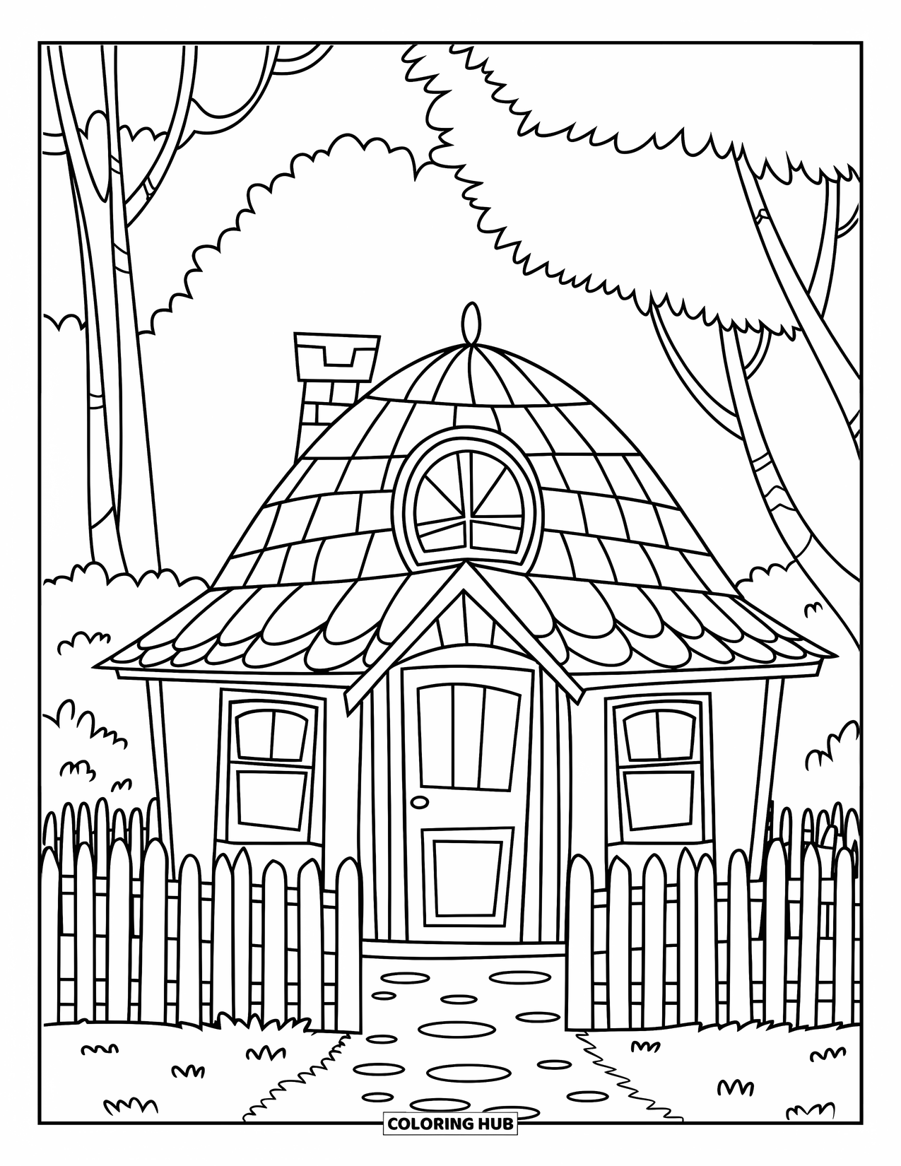 Cottage Coloring Page for Kids: A quaint round-roof home with a picket fence, a small chimney, and an open field