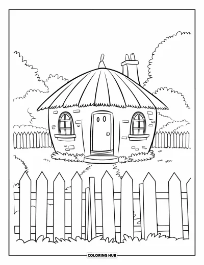 Landhaus-Ausmalbild für Kinder: Ein Landhaus mit rundem Dach, Schornstein, Holztür und Staketenzaun auf einem Grasfeld