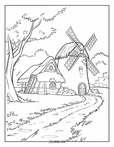 Landhaus-Ausmalbild für Kinder: Ein rustikales Landhaus mit Windmühle, Reetdach und Holztür auf einem friedlichen Feld