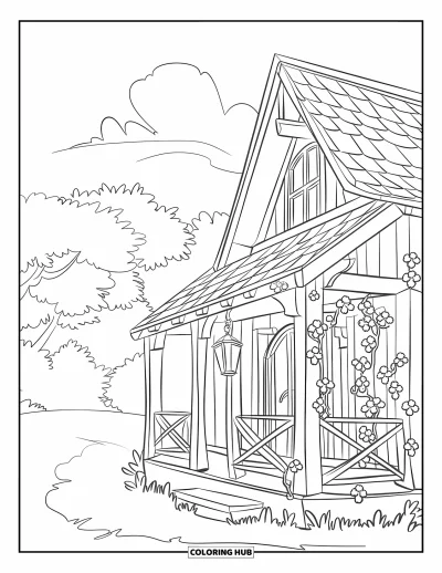 Landhaus-Ausmalbild für Kinder: Ein rustikales Landhaus mit Holzfassade, einer Laterne auf der Veranda und Ranken an der Seite