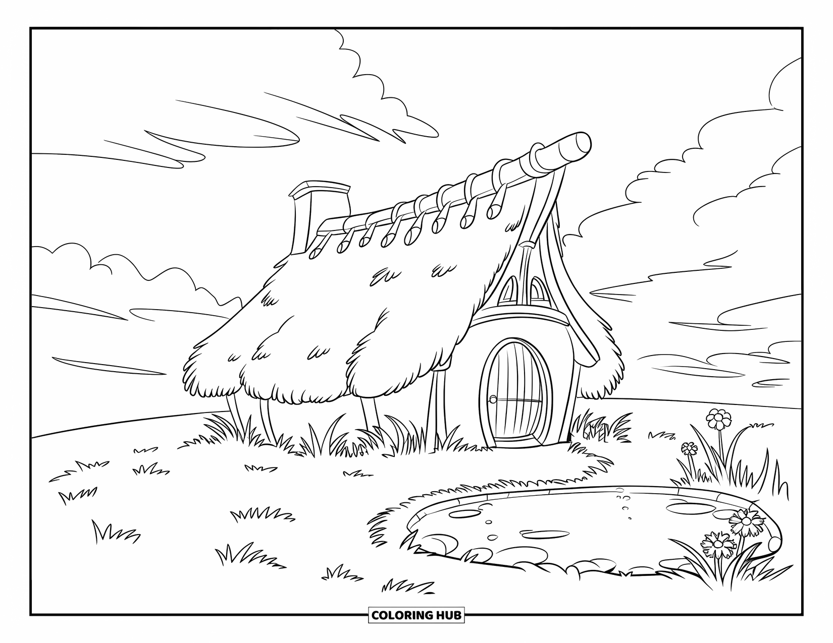 Cottage Coloring Page for Kids: A rustic hut with a wooden door, a nearby pond, and a chimney surrounded by flowers