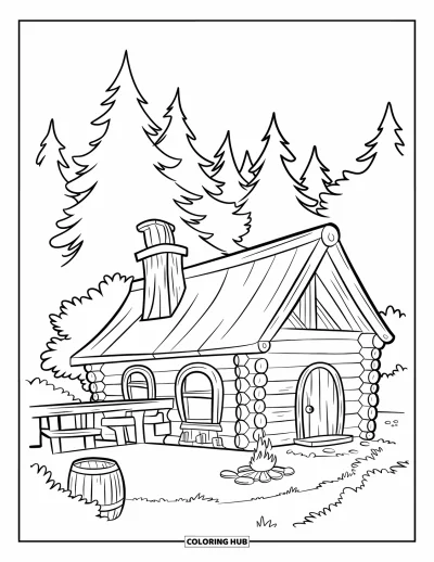 Landhaus-Ausmalbild für Kinder: Eine rustikale Blockhütte mit Schornstein, Holztür und einem Fass am Eingang
