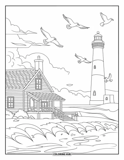 Landhaus-Ausmalbild für Kinder: Ein Landhaus am Meer mit Leuchtturm in der Nähe, brechenden Wellen und Möwen am Himmel