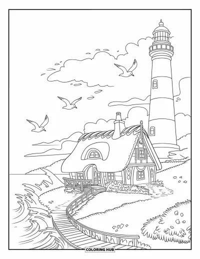 Landhaus-Ausmalbild für Kinder: Ein Landhaus am Meer mit Holzweg, einem nahen Leuchtturm und Vögeln am Himmel