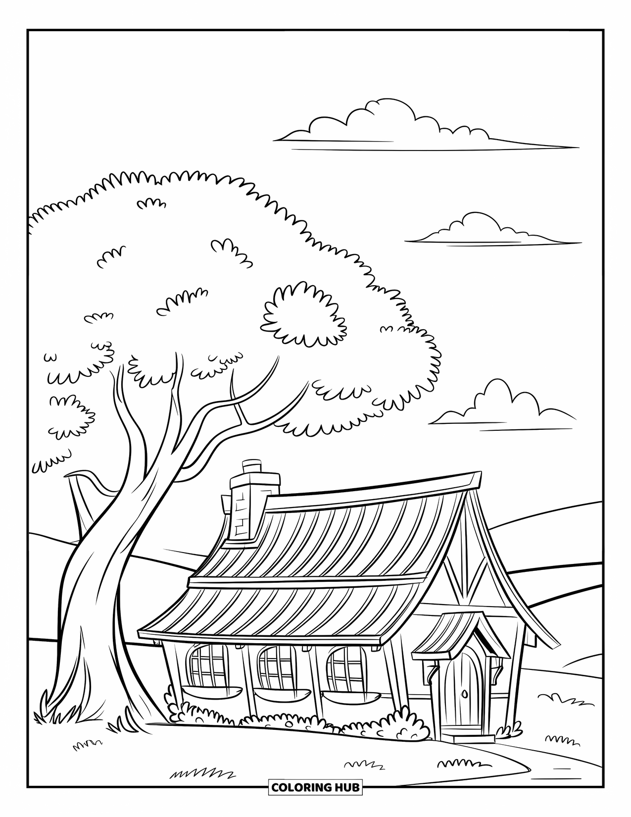 Cottage Coloring Page for Kids: A simple cottage with a sloped roof, a large tree, and a grassy field in the background