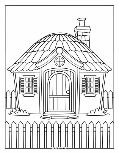 Landhaus-Ausmalbild für Kinder: Ein schlichtes Landhaus auf dem Land mit rundem Dach, ein paar Bäumen und ruhiger Stimmung
