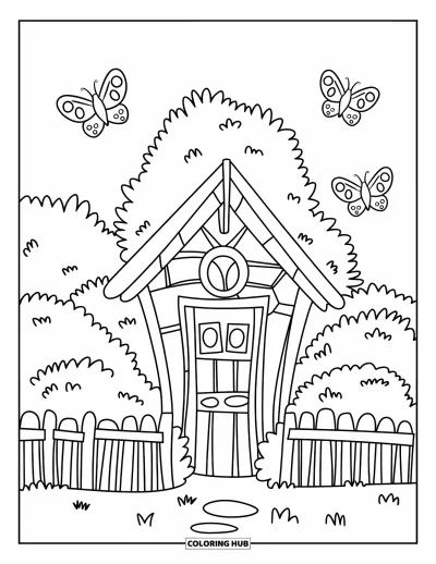 Landhaus-Ausmalbild für Kinder: Ein kleines Garten-Landhaus mit Staketenzaun, umgeben von Büschen und flatternden Schmetterlingen