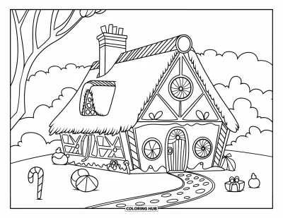 Landhaus-Ausmalbild für Kinder: Ein kleines Lebkuchenhäuschen mit Reetdach, Zuckerstangen und Lutschern in der Nähe