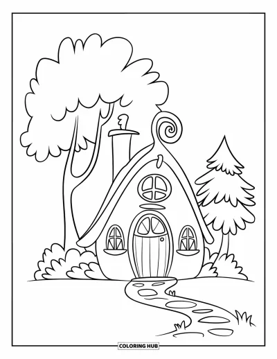 Landhaus-Ausmalbild für Kinder: Ein kleines märchenhaftes Landhaus mit Reetdach, Holzbalken und einem gewundenen Steinpfad