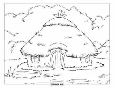 Landhaus-Ausmalbild für Kinder: Ein kleines Landhaus mit Reetdach, Teich, sanften Hügeln und klarem Himmel im Hintergrund