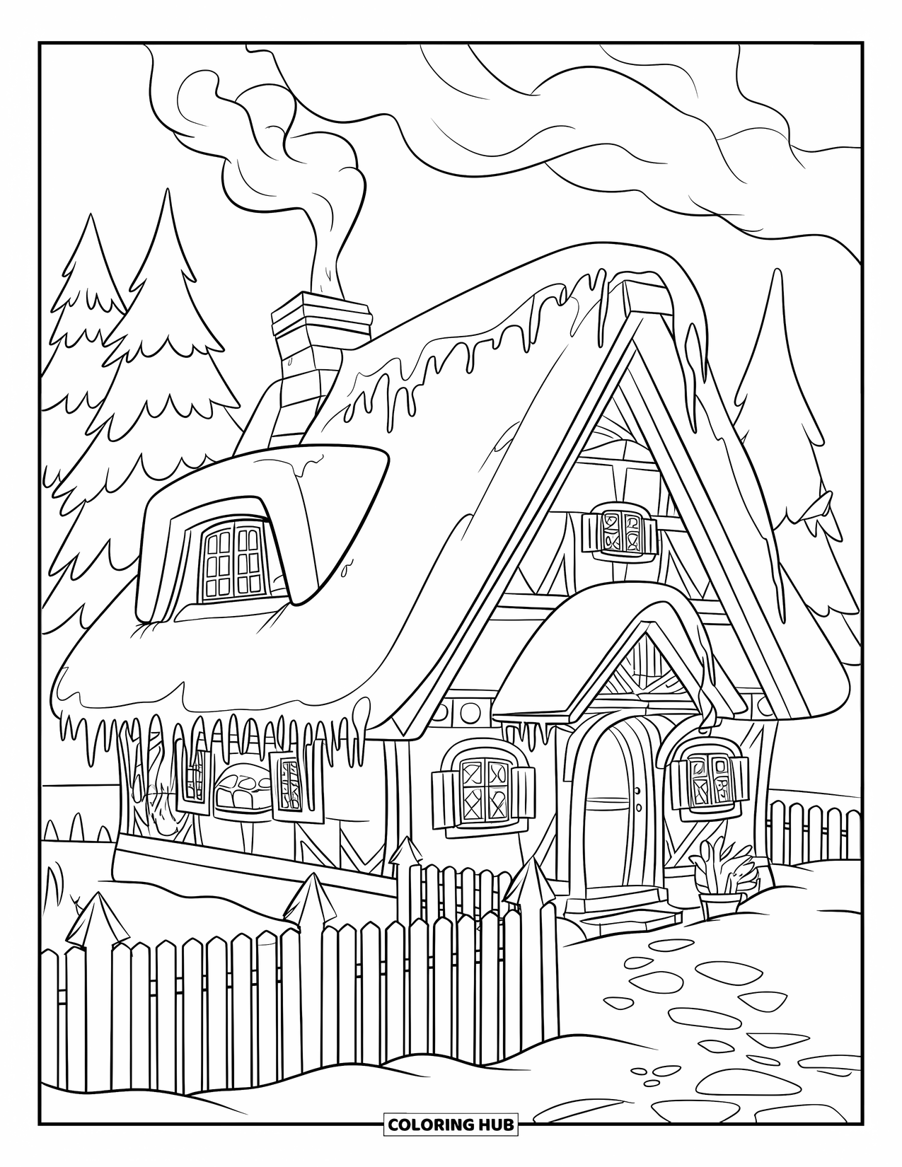 Cottage Coloring Page for Kids: A snowy winter cottage with a picket fence, icicles, and smoke curling from the chimney