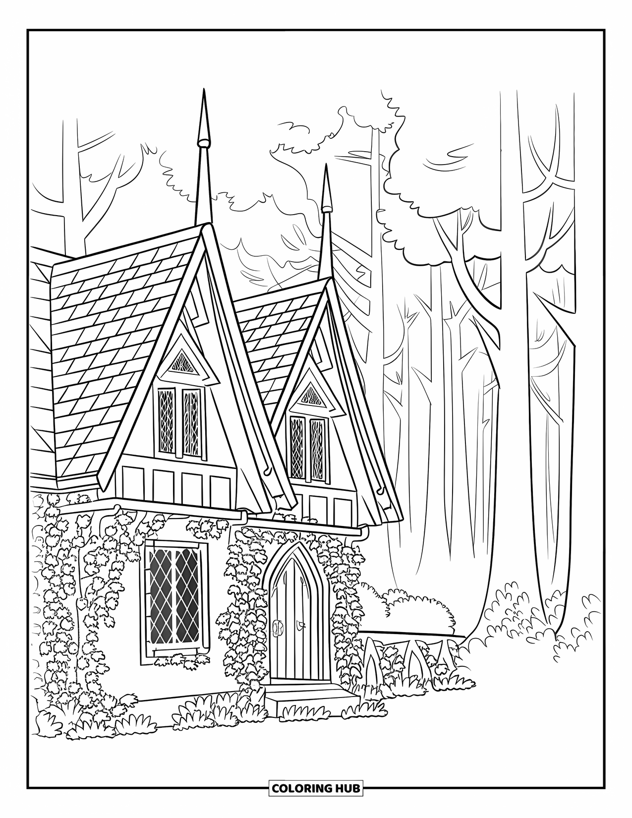 Cottage Coloring Page for Kids: A spooky gothic cottage with sharp rooftops, ivy-covered walls, and towering forest trees