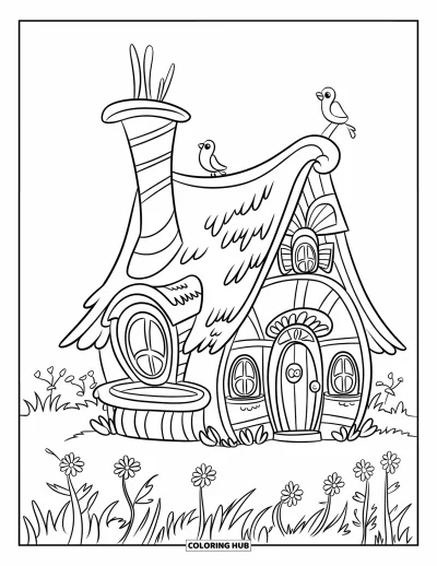 Landhaus-Ausmalbild für Kinder: Ein Landhaus im Märchenbuchstil mit spiralförmigem Schornstein, umgeben von Blumen und Bäumen