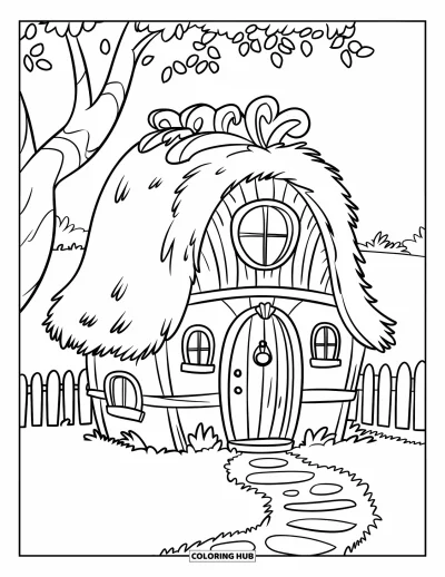 Landhaus-Ausmalbild für Kinder: Ein winziges verzaubertes Landhaus mit gebogenem Dach, umgeben von Bäumen und einem Steinweg