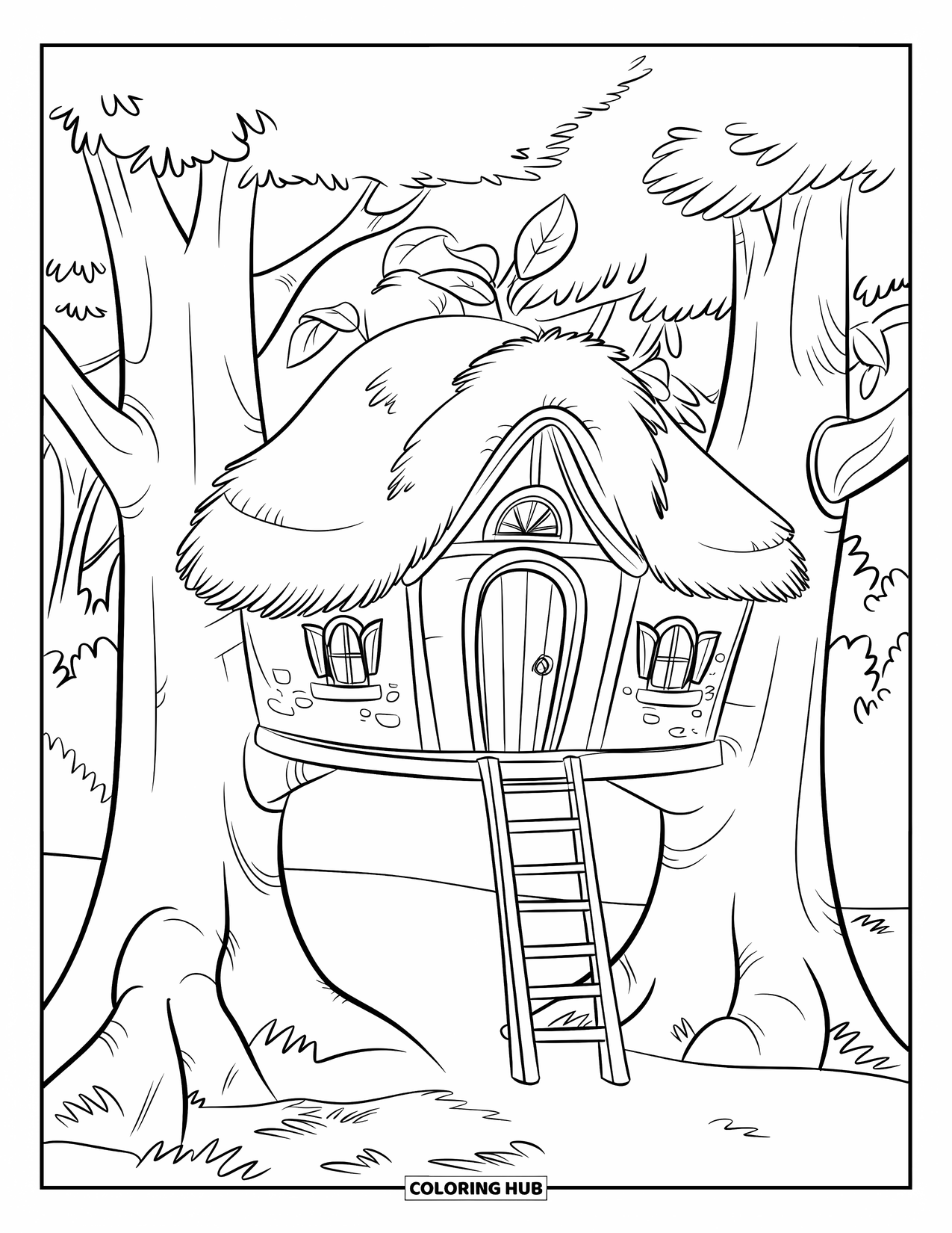 Cottage Coloring Page for Kids: A treehouse cottage built between sturdy trees, with a wooden ladder leading to the door