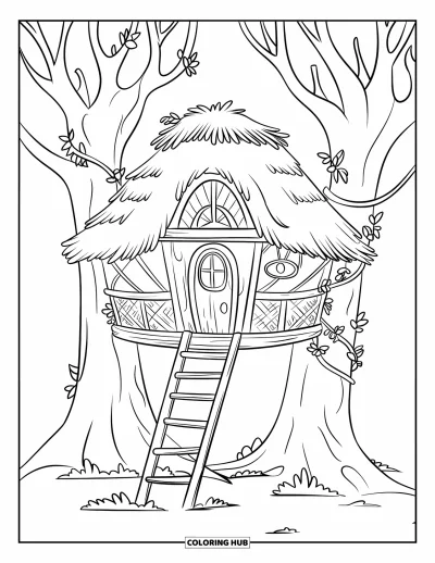 Landhaus-Ausmalbild für Kinder: Ein Baumhaus-Landhaus zwischen Bäumen mit schrägem Dach und Holzleiter