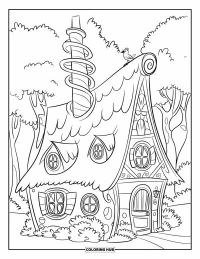 Landhaus-Ausmalbild für Kinder: Ein verspieltes Landhaus mit spiralförmigem Schornstein, runden Fenstern und einem kleinen Vogel auf dem Dach