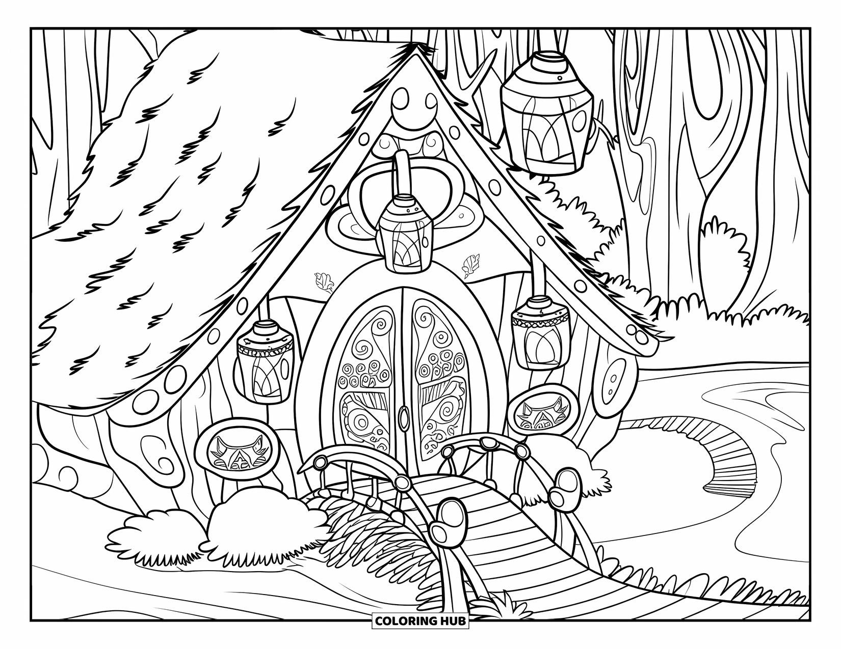 Cottage Coloring Page for Kids: A whimsical elf cottage with detailed wooden carvings, glowing lanterns, and a winding path