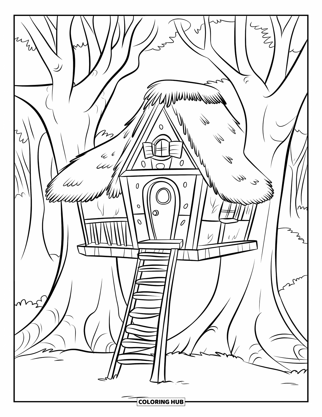 Cottage Coloring Page for Kids: A whimsical treehouse cottage with wooden walls, a ladder, and roots growing at its base