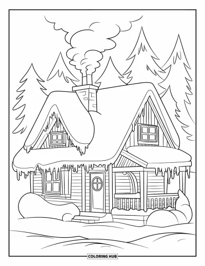 Landhaus-Ausmalbild für Kinder: Ein Winter-Landhaus unter Schnee, mit Eiszapfen an den Dachkanten und aufsteigendem Rauch