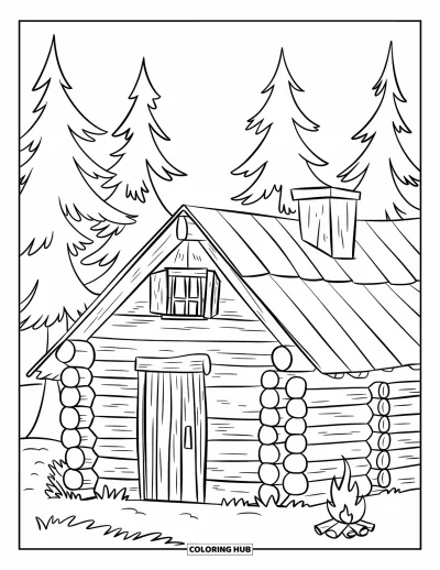 Landhaus-Ausmalbild für Kinder: Eine Waldhütte aus Holz mit Veranda, Lagerfeuer und hohen Kiefern im Hintergrund