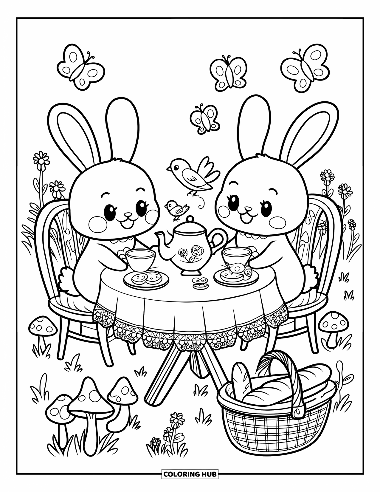 Cottagecore Coloring Page for Adults: A bunny tea party with floral teacups, cookies, and fluttering butterflies