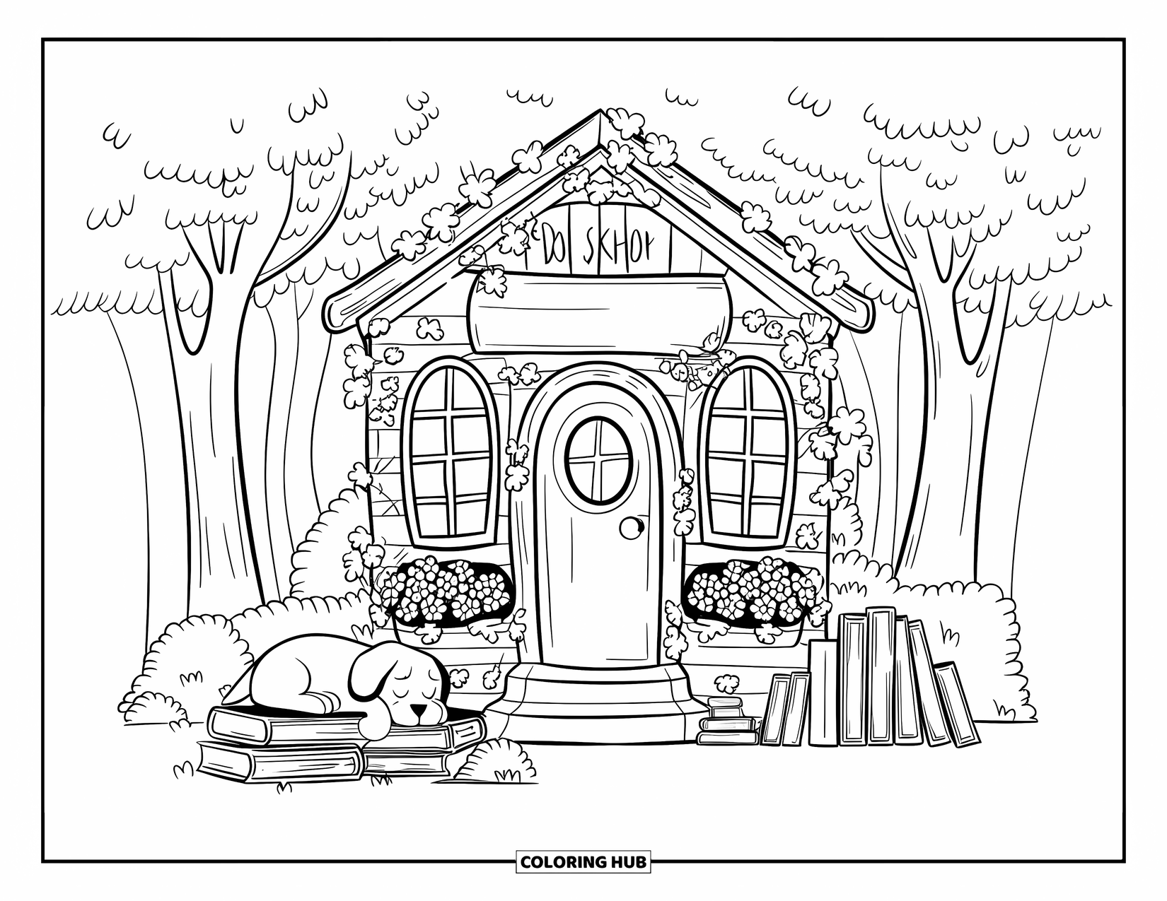 Cottagecore Coloring Page for Adults: A charming bookshop with a wooden sign, inviting readers into its cozy space