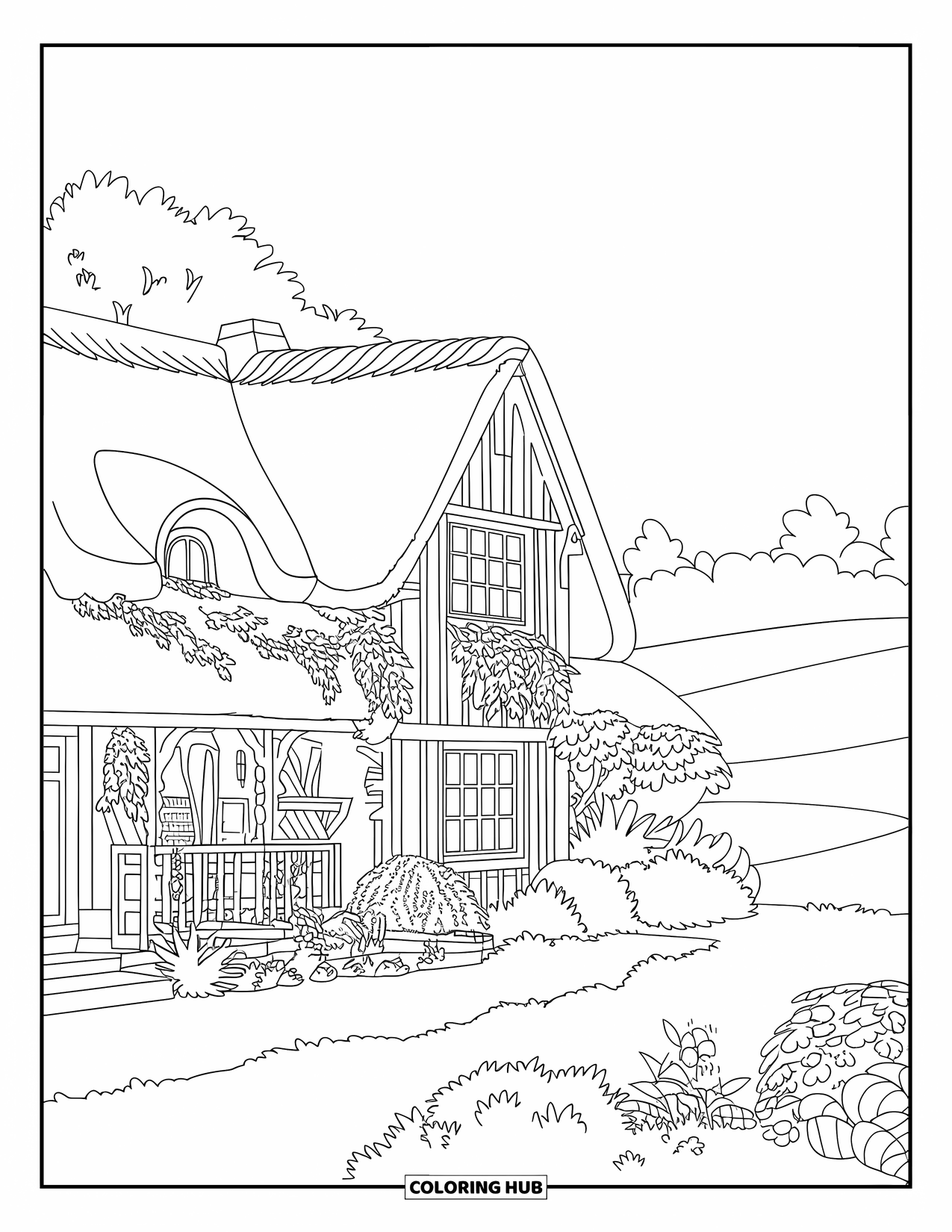 Cottagecore Coloring Page for Adults: A charming countryside home with a thatched roof and a white picket fence
