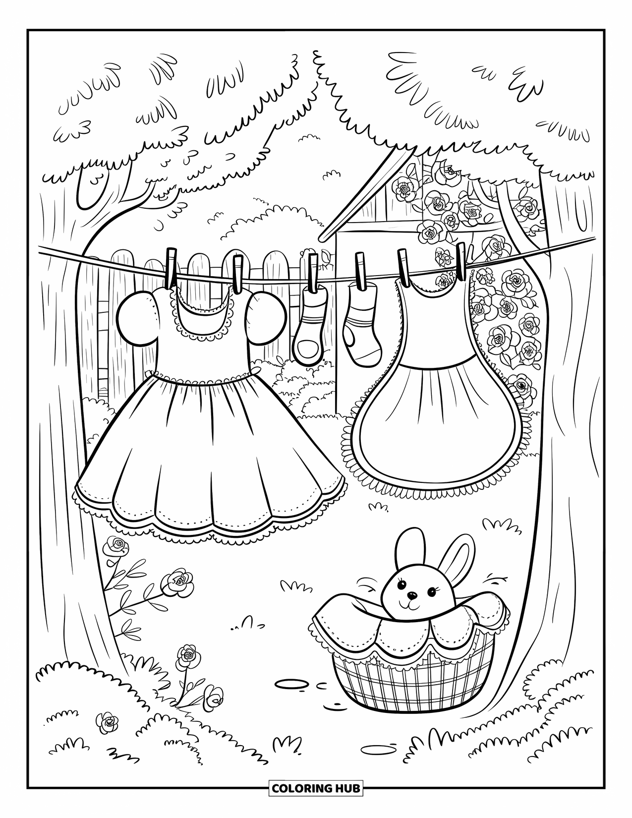 Cottagecore Coloring Page for Adults: A clothesline with frilly dresses, socks, and an apron swaying in the breeze