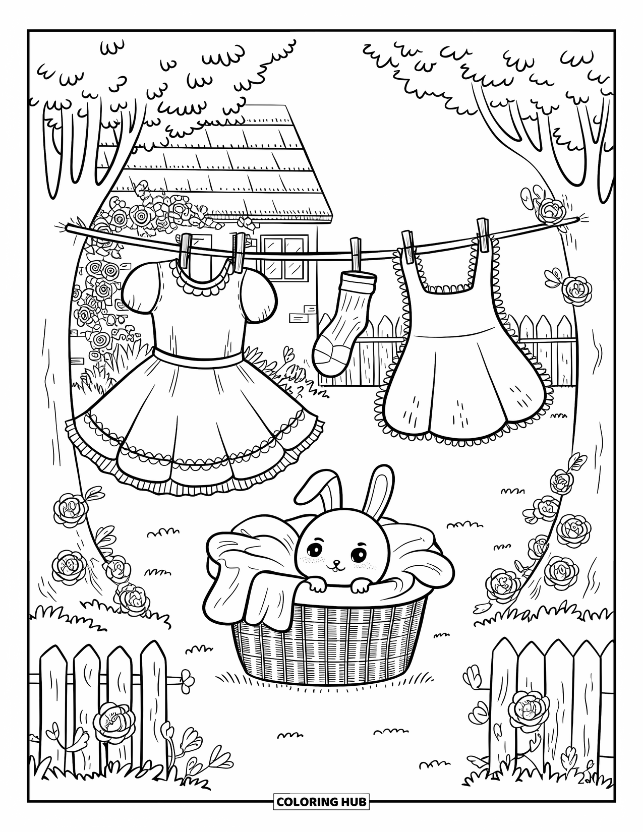 Cottagecore Coloring Page for Adults: A cottage garden with a clothesline, fresh linens, and a rustic wooden fence
