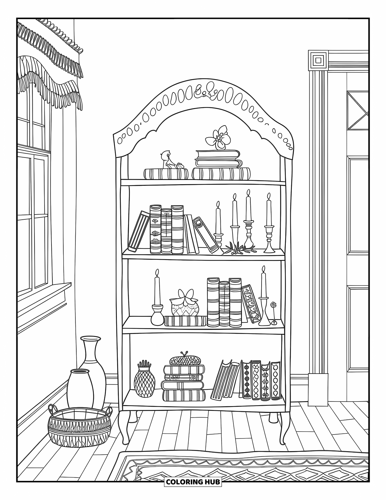 Cottagecore Coloring Page for Adults: A cottagecore bookshelf with stacked books, antique candles, and a teapot
