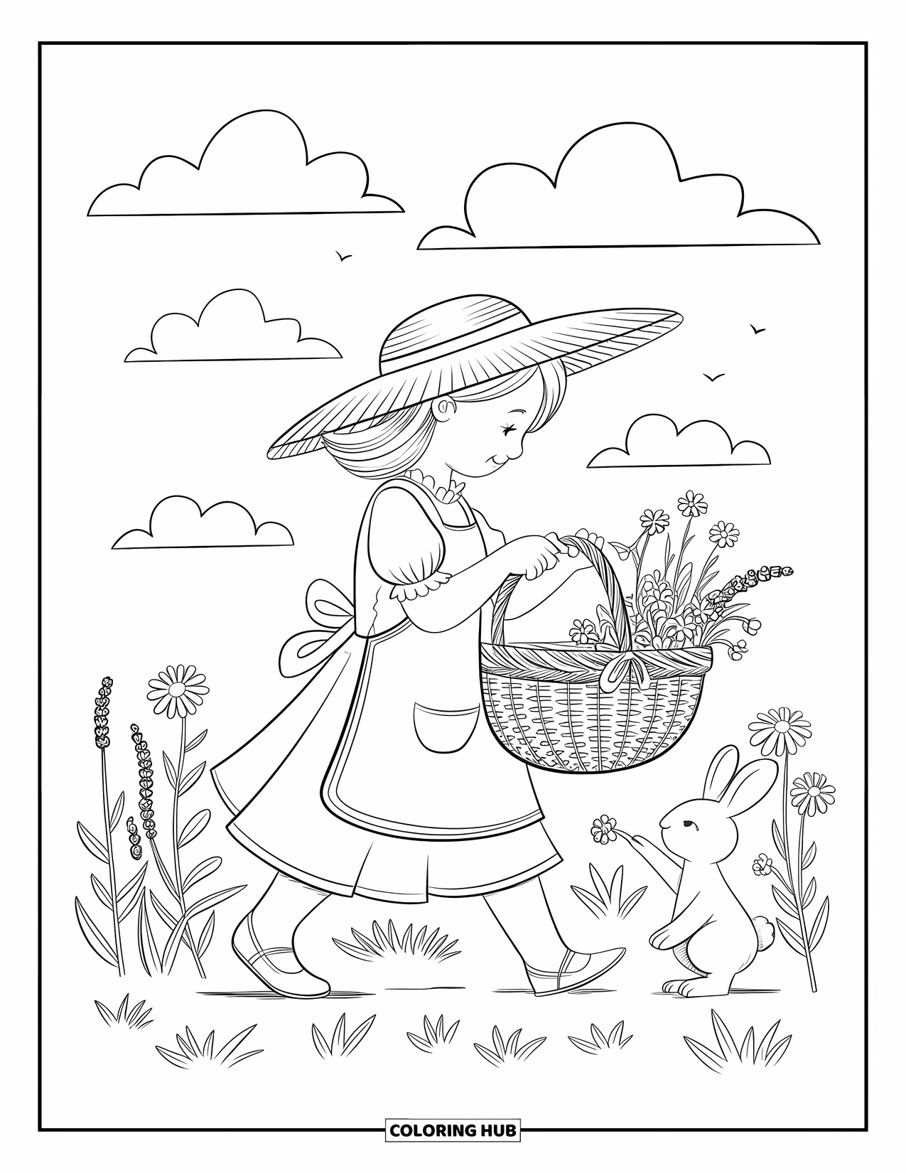 Cottagecore Coloring Page for Adults: A cottagecore girl gathering flowers in a basket, with a rabbit following